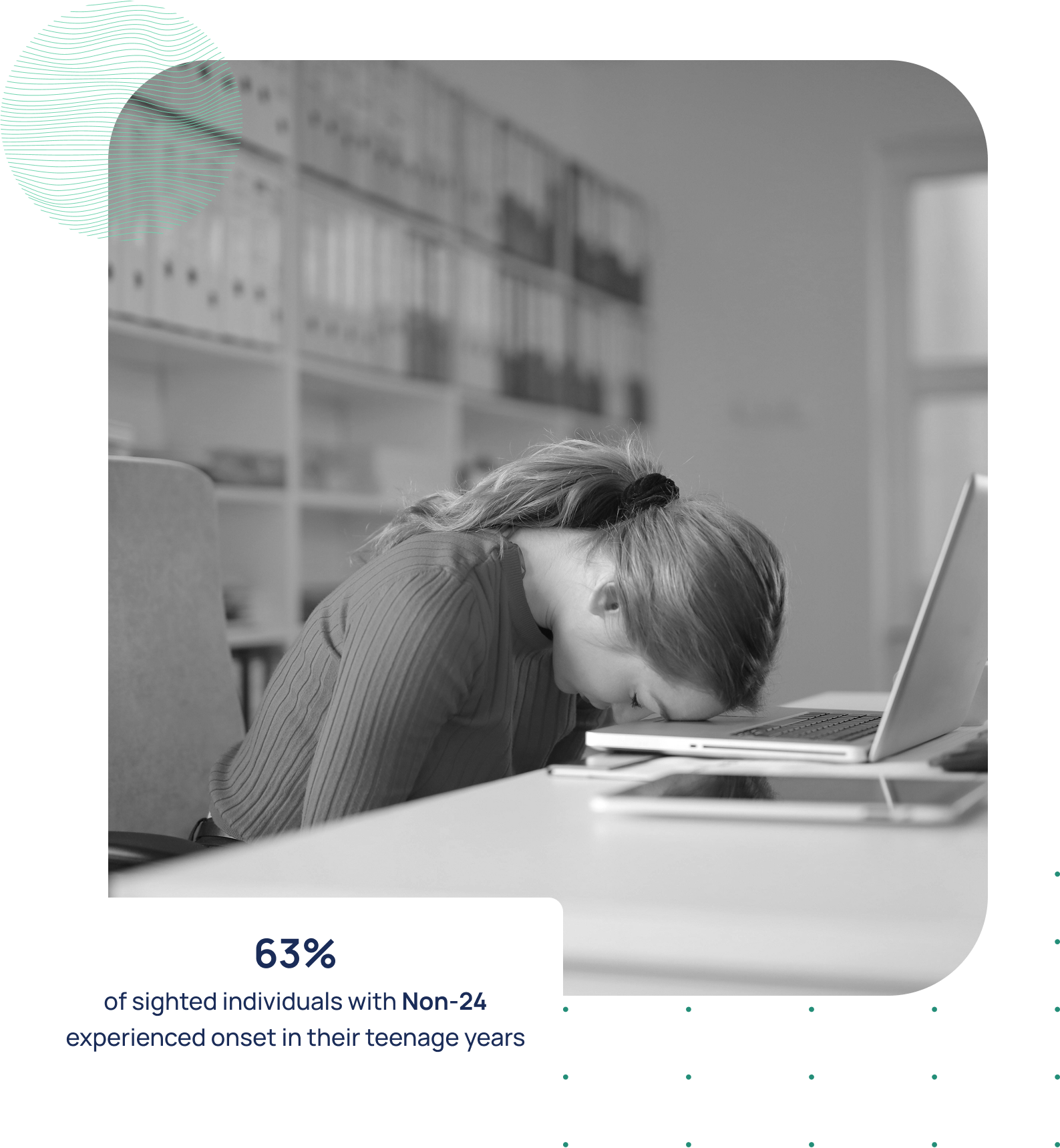 A woman sleeping at her laptop, 63% of sighted individuals with Non-24 experienced onset in their teenage years